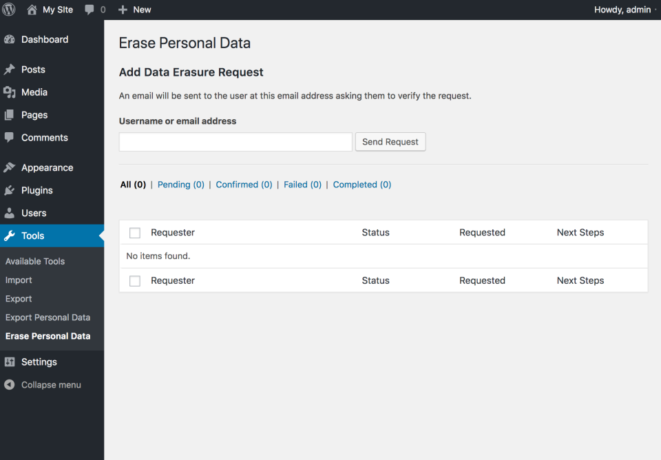 Personal Data Export and Erasure Tools, as seen in WordPress development version (4.9.6-RC1-43241).