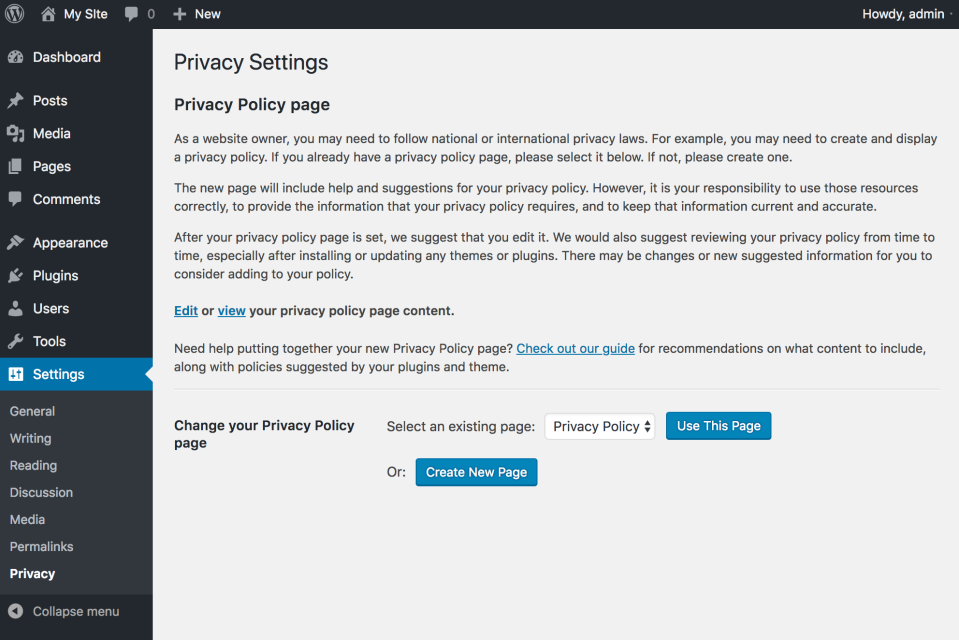 Privacy Policy Tool, as seen in WordPress development version (4.9.6-RC1-43241).