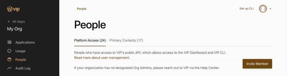 The People screen on the VIP Dashboard listing users and showing their access