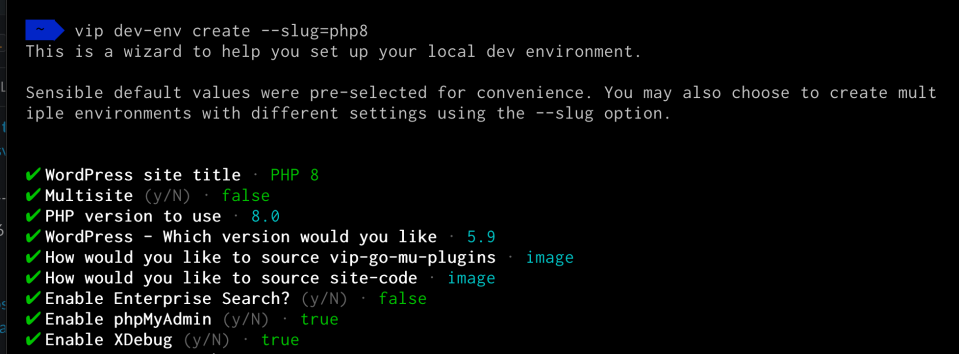 Screenshot of VIP Local Development Environment Configuration Wizard showing PHP option