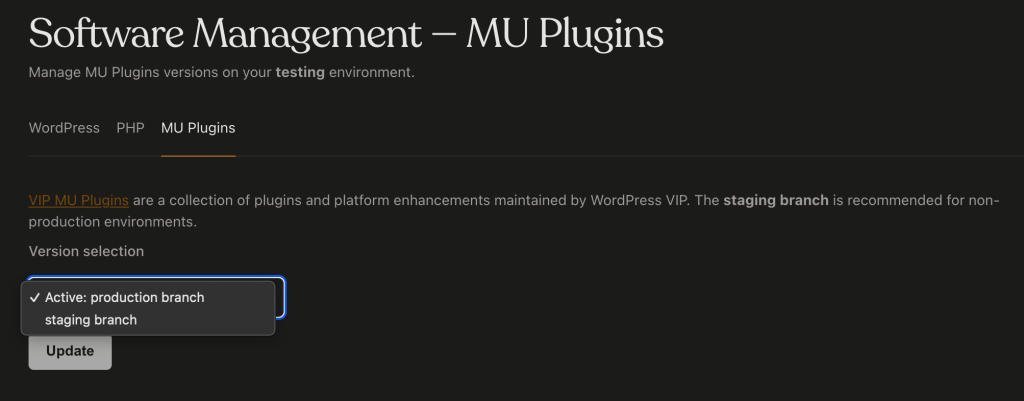 Screenshot of updating the MU Plugins release branch via VIP Dashboard