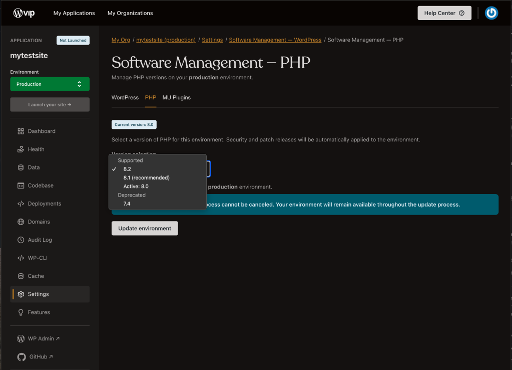 Software Management - PHP screen